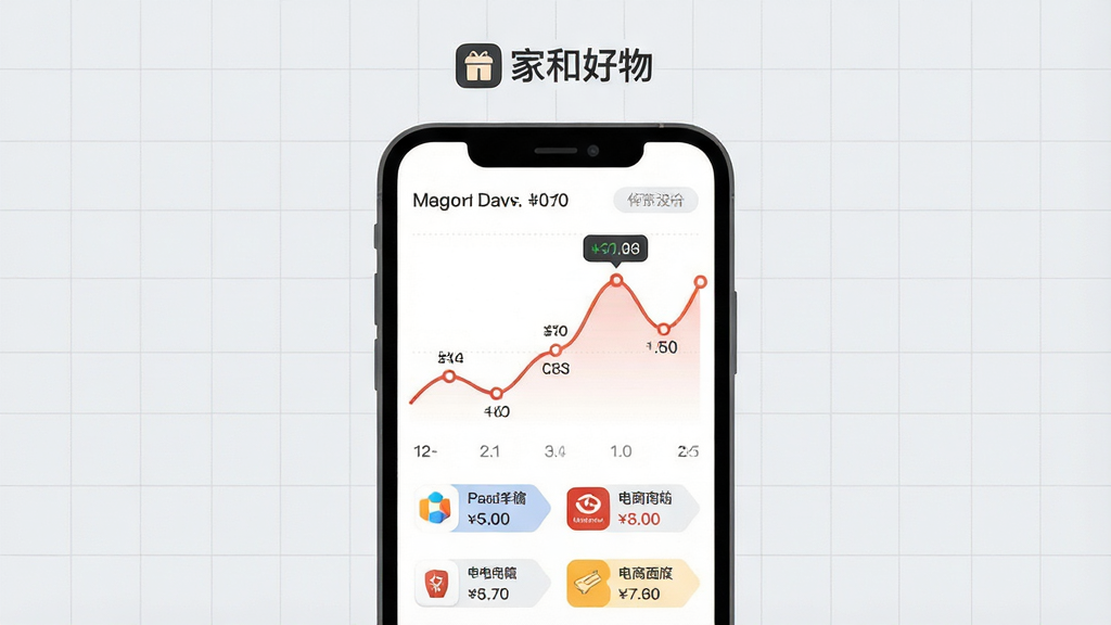 一个简洁的比价界面示意图,画面中央是手机屏幕,屏幕上显示一条价格波动曲线和几个电商平台的价格标签,屏幕上方有“家和好物”标识,背景是浅灰色带细微网格线,布局居中,风格现代扁平,细节包括曲线上的数据点和平台图标,画质干净清晰,无多余装饰元素