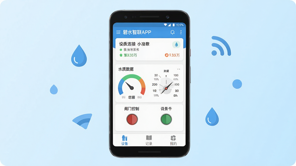 碧水智联APP主界面全貌展示,画面中央是一部安卓手机,手机屏幕里显示碧水智联的首页,顶部有设备连接状态卡片,中间是水质数据仪表盘和阀门控制开关,底部是设备、记录、我的三个选项卡,背景是干净的浅蓝色渐变,手机周围点缀着水滴和WiFi信号的小图标,整体风格现代简约扁平化,画质清晰干净,无多余元素