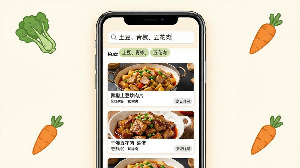 做饭指南食材搜索功能界面展示,画面中一部手机屏幕显示搜索栏内输入了