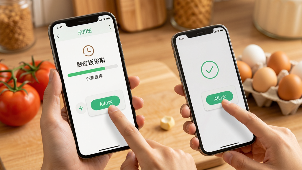 做饭指南上手操作示意图,画面中展示一部手机正在安装做饭指南App,屏幕显示安装进度条,旁边有手持手机的手指点击