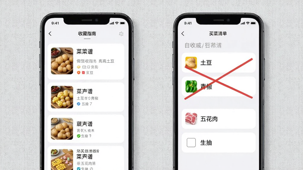 做饭指南离线收藏与买菜清单功能展示,画面中一部手机屏幕左侧是收藏的菜谱列表,右侧是自动生成的买菜清单,清单上划掉了已买的