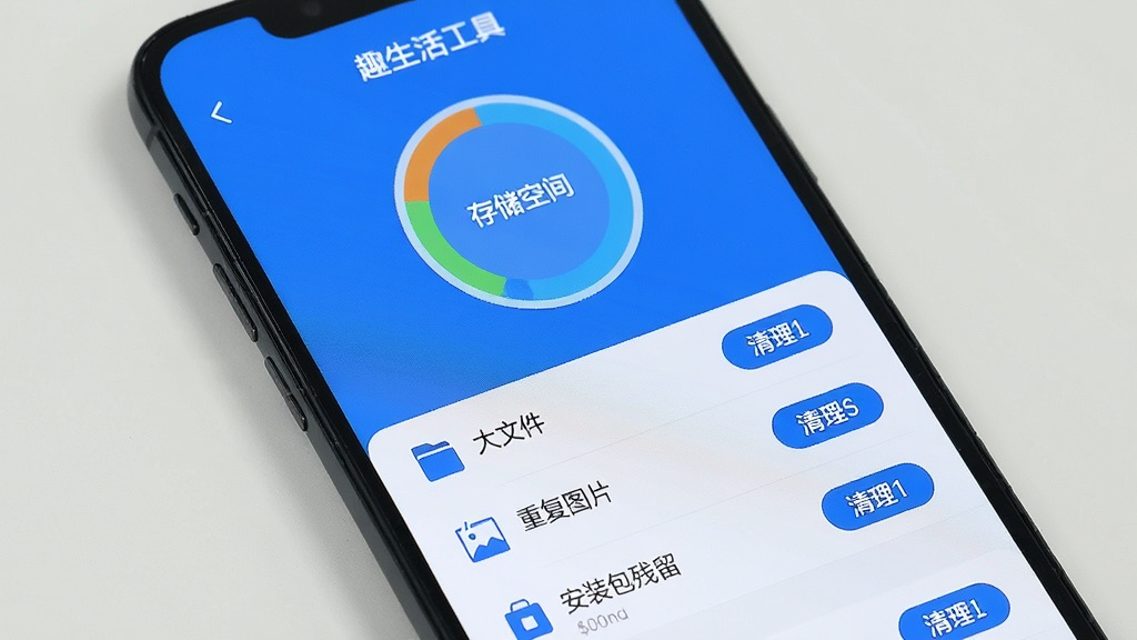 手机屏幕显示“趣生活工具”的文件清理界面,上方是一个圆环形的存储空间占用图,下方列表清晰列出“大文件”、“重复图片”、“安装包残留”等分类,每个分类后面有清理按钮,界面主色调为蓝白,风格简洁干净,文字标注“趣生活工具”,画质清晰无多余元素。