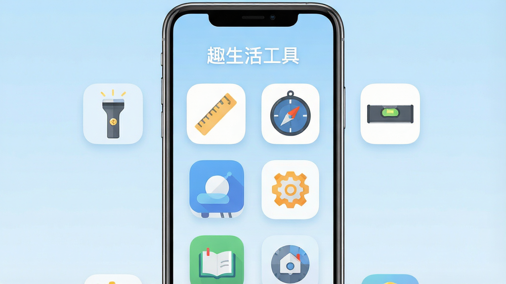 一张展示“趣生活工具”应用主界面的图片,画面中央是手机屏幕,屏幕内显示简洁的网格布局,包含多个生活工具图标如手电筒、尺子、指南针、水平仪等,背景是柔和的浅蓝色渐变,整体风格现代扁平,图标圆润清晰,画质干净明亮,无多余元素,文字标注“趣生活工具”在屏幕顶部。