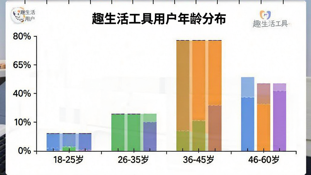一张柱状图,标题为“趣生活工具用户年龄分布”,横轴标注年龄段“18-25岁”、“26-35岁”、“36-45岁”、“46-60岁”,纵轴标注百分比,柱状图颜色分别为蓝色、绿色、橙色、紫色,数据大致显示26-35岁占比最高,图表背景为白色,风格简洁清晰,标注“趣生活工具”。