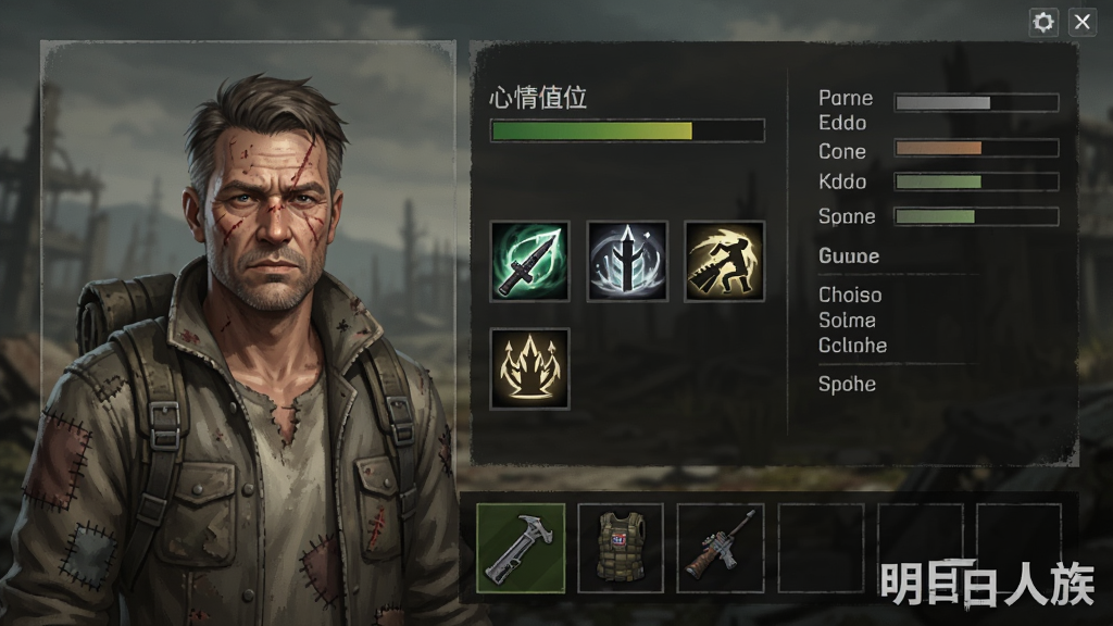 画面主体是一个幸存者角色面板界面,屏幕上显示着一位中年男性幸存者的头像,旁边有心情值进度条和技能图标,布局上左侧是人物立绘,右侧是详细属性,底部是装备栏,排版清晰像游戏UI截图,风格是末日废土写实风,细节上要体现人物脸上的伤疤和衣服上的补丁,画面中要有“明日人族”的logo水印,画质干净无多余元素