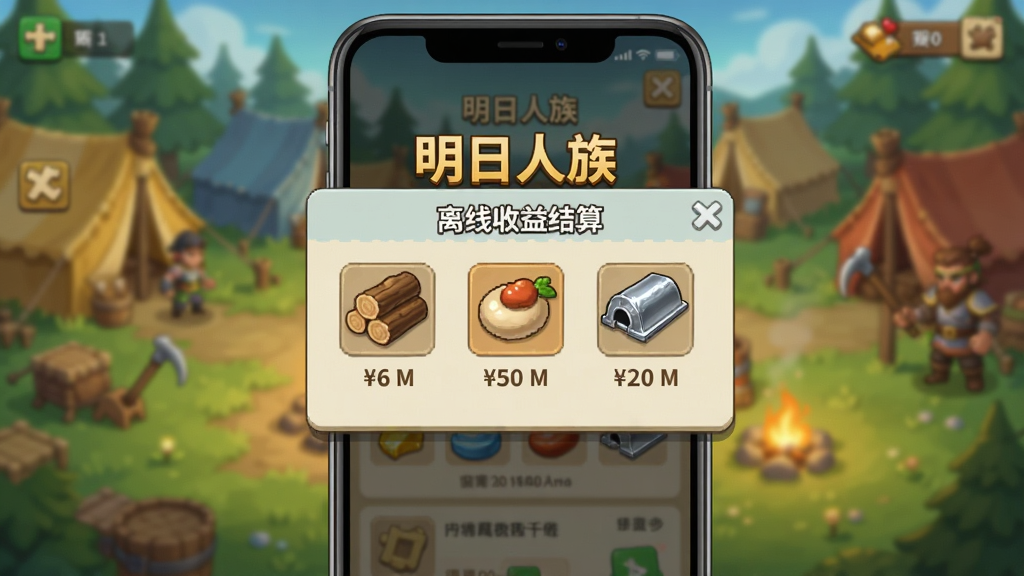 画面主体是一个手机屏幕显示着离线收益结算弹窗,上面有木材、食物、金属等资源图标和数量,布局上弹窗居中,背景是模糊的营地画面,排版简洁明了,风格是休闲游戏UI,细节上要表现资源图标的光泽和“明日人族”的标题,画质干净无多余元素
