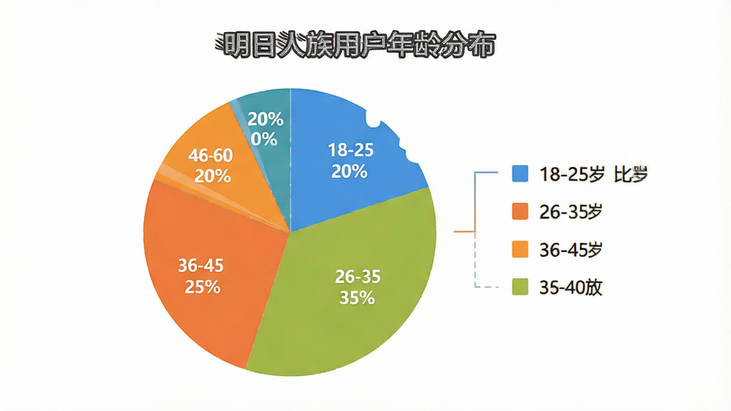 画面主体是一个饼状图,显示不同年龄段用户占比,18-25岁占20%,26-35岁占35%,36-45岁占25%,46-60岁占20%,布局上饼图居中,右侧有图例说明,排版简洁数据可视化,风格是扁平化信息图,细节上要有“明日人族用户年龄分布”标题,画质清晰干净,无多余元素