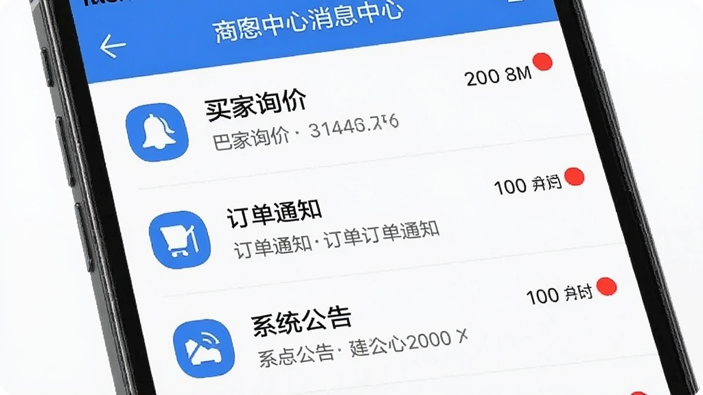 巴图鲁商家中心消息中心界面,手机屏幕展示消息列表,包含买家询价、订单通知、系统公告等条目,每条消息左侧有对应图标,右侧显示时间和未读红点,界面采用列表式布局,白色背景配蓝色图标,风格清爽整洁,画质清晰无多余元素。