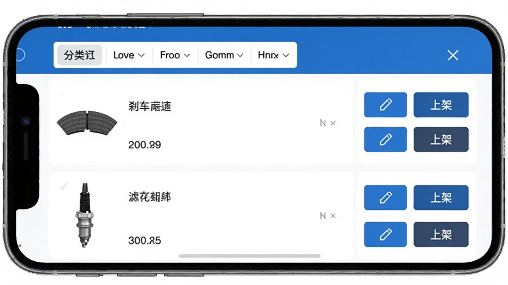 巴图鲁商家中心商品库存管理页面,手机屏幕显示汽配零件列表,包含刹车片、滤清器、火花塞等商品缩略图和库存数字,每个商品右侧有编辑和上下架按钮,顶部有分类筛选栏,界面风格简洁商务,蓝色点缀,白色背景,画质干净无多余装饰。