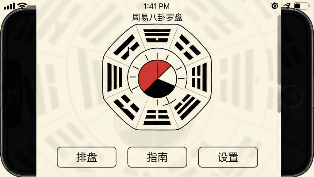 手机应用界面截图风格,展示周易八卦罗盘软件的主页,上方是圆形罗盘占据主要视觉,下方排列三个简洁的功能按钮,按钮文字分别为“排盘”“指南”“设置”,背景为米白色,整体布局清爽,图标线条简约,屏幕顶部状态栏显示时间与电量,画质干净,无多余装饰,画面中带“周易八卦罗盘”文字标识