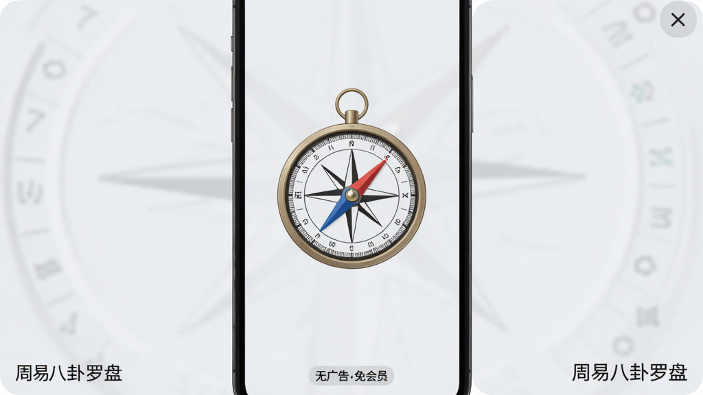 展示手机屏幕上一款无广告干扰的应用界面,画面中央是罗盘图案,周围空白区域干净整洁,没有横幅广告和弹窗,背景为淡雅的浅灰色,罗盘指针指向西北方,屏幕底部显示“无广告免会员”小字标签,整体风格极简,画质锐利,无多余元素,画面角落有“周易八卦罗盘”字样