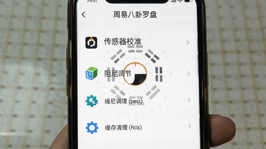 手机屏幕展示周易八卦罗盘应用内的设置界面,画面中列出传感器校准、阻尼调节、缓存清理等选项,每个选项前有小图标,背景为纯白色,文字清晰,界面布局整齐,屏幕上方有“周易八卦罗盘”标题,整体风格简洁实用,画质干净,无多余元素