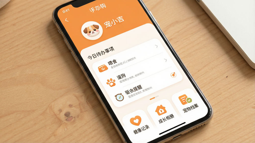 һ���ֻ�Ӧ�ý���չʾͼ�����������ǡ���С����App�������棬����ů��ɫ�Ͱ�ɫΪ��ɫ����������ʾ����ͷ������֣��м��ǽ��մ��������б�����ιʳ���޹����������ѣ��ײ��ǽ�����¼���ɳ���ᡢ���ﵵ����������ģ�飬���岼��������࣬�����ܰ�ɰ���Բ��ͼ����ƣ����ʸɾ��������޶���Ԫ��