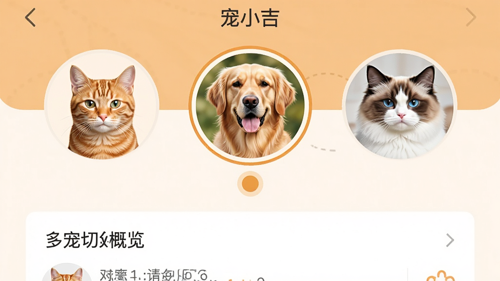 һ���ֻ�Ӧ�ý���չʾͼ�������С���С�����Ķ���л�ҳ�棬�Ϸ�������ʾ��ֻ��ͬ�����Բ��ͷ�񣬷ֱ���һֻ��è��һֻ��ëȮ��һֻ��żè����ǰѡ�е�ͷ���·��и���Բ���ʶ���·���ʾ��ѡ����Ľ��ռ�¼�������������룬��ɫ��ů�����ʸɾ��޶���Ԫ��