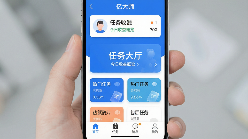 一张手机应用界面展示图,画面中央是“亿大师”App的主页,顶部显示用户头像和今日收益概览,中间是醒目的任务大厅入口和几个热门任务卡片,底部导航栏有首页、任务、消息、我的四个图标,整体布局简洁清晰,采用蓝白配色,风格现代扁平,图标圆润,画质干净,无多余元素