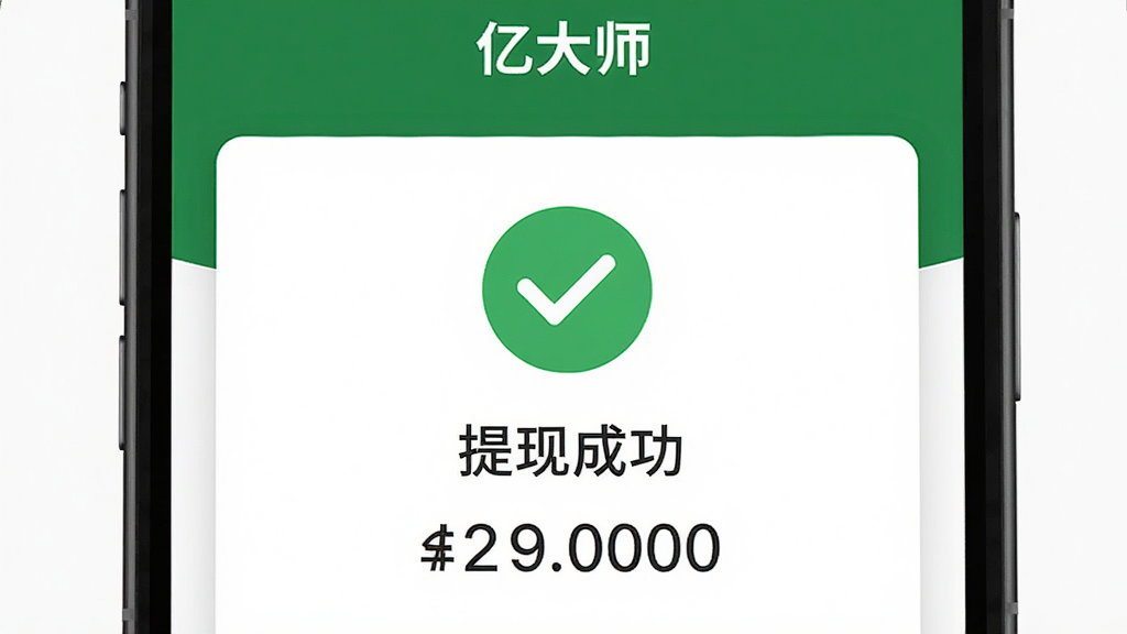 生图提示词:画面展示“亿大师”App的提现成功页面,屏幕中央是一个绿色的对勾图标,下方显示“提现成功”字样和到账金额,背景是简洁的白色卡片,卡片边缘有轻微阴影,风格干净利落,画质清晰,无多余元素