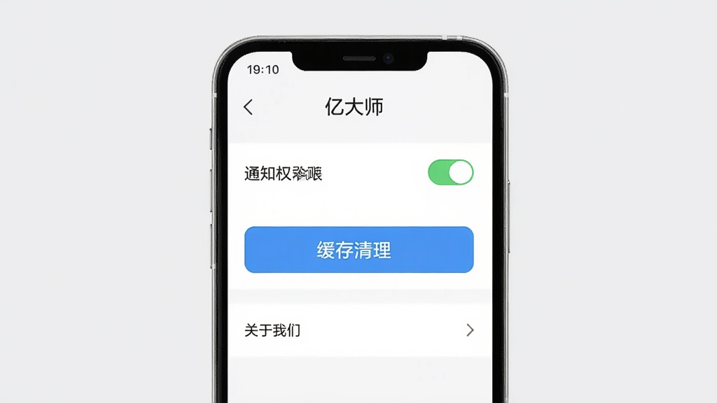 生图提示词:画面展示“亿大师”App的设置页面,屏幕上有通知权限开关、缓存清理按钮和关于我们选项,背景是浅灰色,布局清晰,风格简约,画质干净,无多余元素