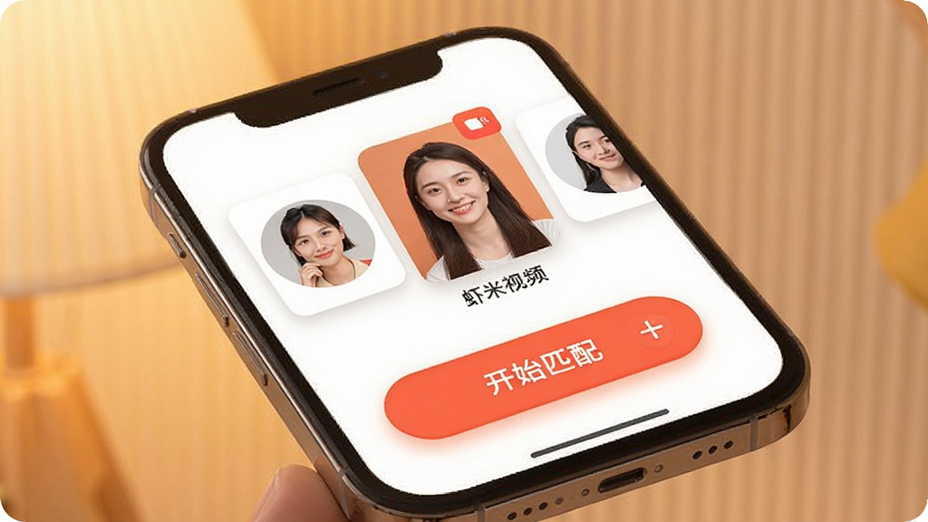 一张展示虾米视讯App核心界面的手机样机图,画面中央是手机屏幕,屏幕内显示虾米视讯的视频通话匹配界面,有真人头像卡片和醒目的开始匹配按钮,背景是柔和的暖色调,布局简洁,风格现代扁平,细节圆润,画质干净无多余元素