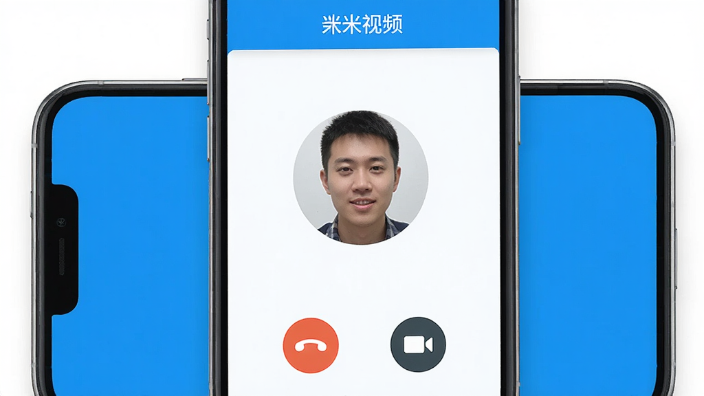 一张展示虾米视讯真人视频匹配功能的界面截图,画面中手机屏幕显示正在接通视频通话,对方头像清晰可见,底部有挂断和切换摄像头的图标,整体界面以蓝白配色为主,风格简洁明快,画质干净无多余元素