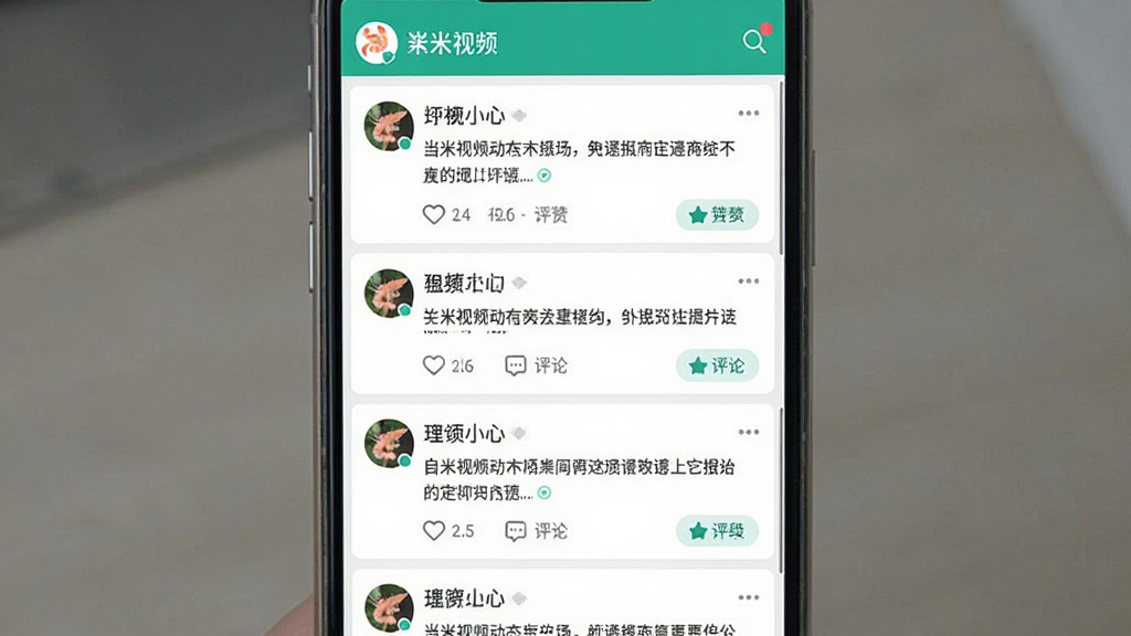 一张展示虾米视讯动态广场页面的手机截图,画面中显示多条用户动态卡片,包含头像、文字内容和点赞评论按钮,布局为上下滑动信息流,风格清新简洁,画质干净无多余元素
