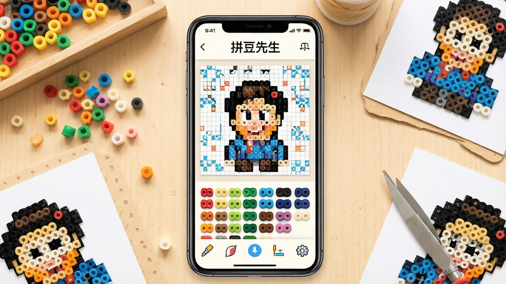 一张展示拼豆先生手机应用主界面的图片,画面中央是拼豆先生APP的界面截图,界面顶部显示“拼豆先生”文字,中间是像素画布和拼豆色板,底部有工具栏,周围散落着彩色拼豆和拼豆模板,背景是温馨的手工桌面,风格清新明快,细节干净清晰,画质高清,无多余元素