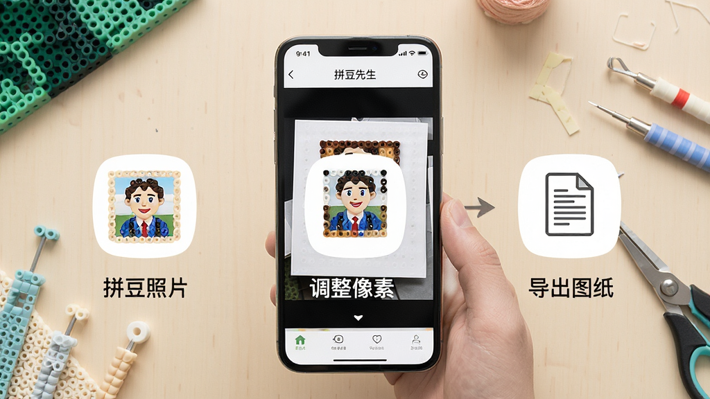一张展示拼豆先生新手操作步骤的图片,画面中手机屏幕显示拼豆先生APP从选照片到生成图纸的流程,分为三个步骤图标:第一步选照片、第二步调整像素、第三步导出图纸,每个步骤有简单文字说明,背景是浅色桌面和拼豆工具,风格清晰易懂,细节干净,画质高清,无多余元素