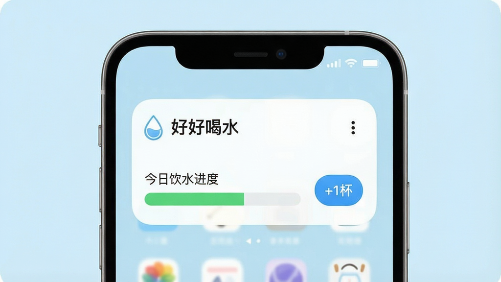 一张手机桌面截图,主体是“好好喝水”App的桌面小组件,布局为小组件显示今日饮水进度条和“+1杯”按钮,排版在手机屏幕下方,风格是极简清新的扁平化设计,细节清晰,画质干净,无多余元素,背景为淡蓝色。