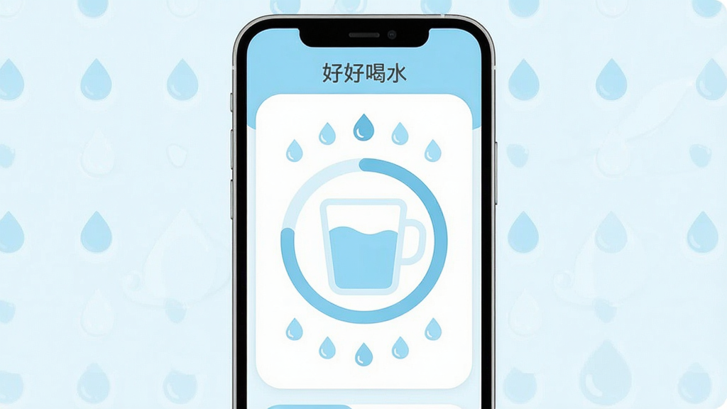 一张手机屏幕展示界面,主体是“好好喝水”App的主界面,布局为中间一个大的圆形水杯进度条,周围环绕着今日饮水记录的小水滴图标,排版简洁清晰,风格是清新的扁平化设计,细节圆润,画质干净,无多余元素,主色调为浅蓝色和白色。