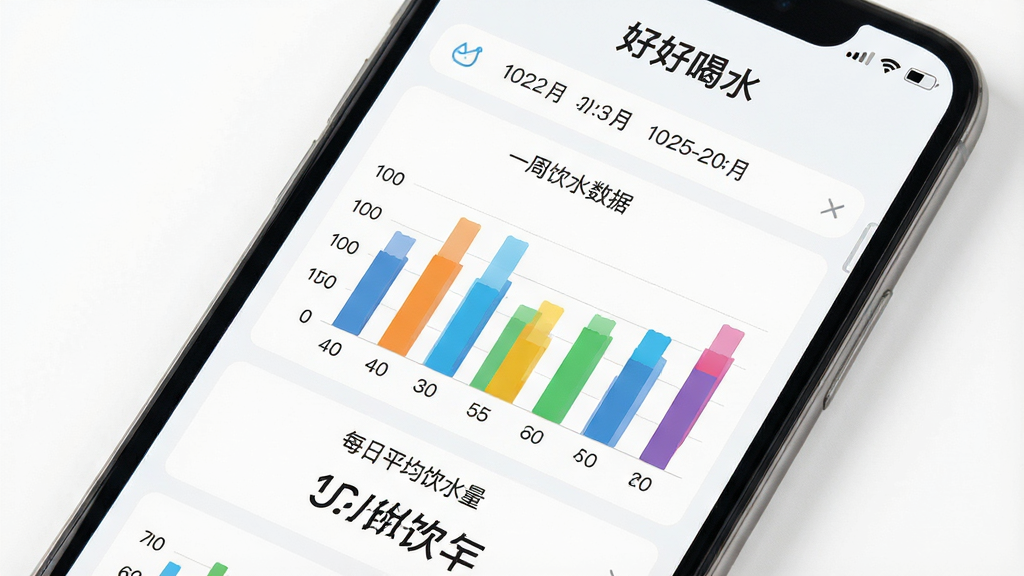 一张手机屏幕展示“好好喝水”App的统计页面,主体是柱状图展示一周饮水数据,布局为上方是日期选择,中间是彩色柱状图,下方是每日平均饮水量,排版整齐,风格是清爽的数据可视化设计,细节清晰,画质干净,无多余元素,背景为白色。
