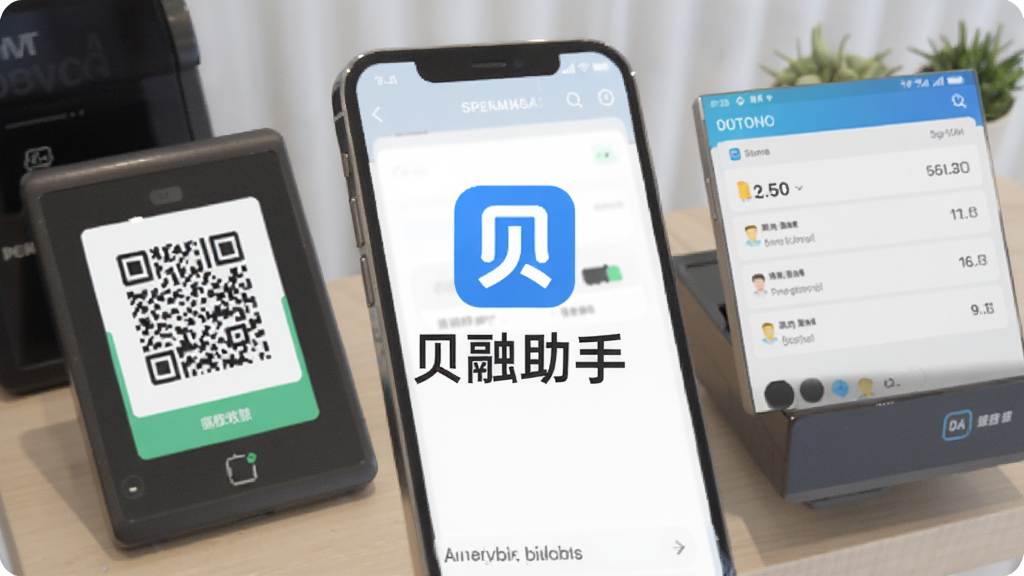 一张手机屏幕展示贝融助手应用主界面的图片,画面中央是贝融助手的蓝色Logo和名称,背景是简洁的商户收款场景,有收款码和账单列表元素,风格现代扁平化,画质清晰干净,无多余元素