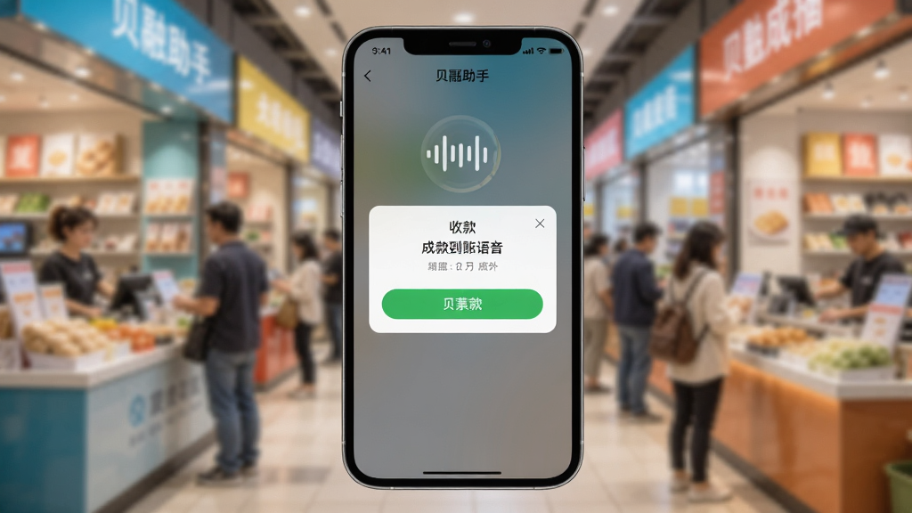 贝融助手应用内收款到账语音播报功能的界面截图,画面显示手机屏幕上有收款成功的弹窗和声波图标,背景是热闹的商铺环境虚化,风格写实明亮,画质干净,无多余元素