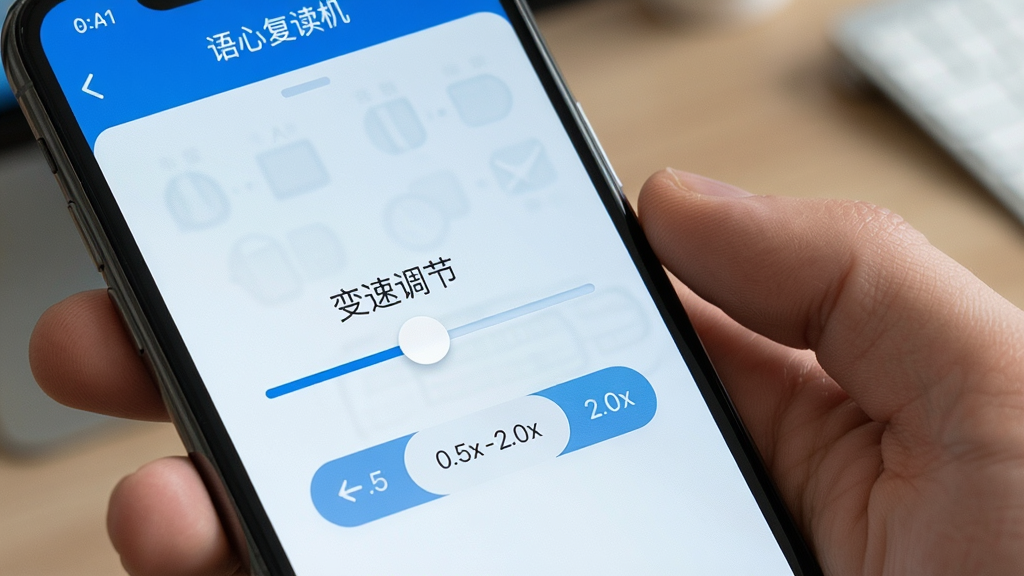 语心复读机 变速调节滑块 0.5x到2.0x 手机界面 蓝色主题 简洁控件 高清画质