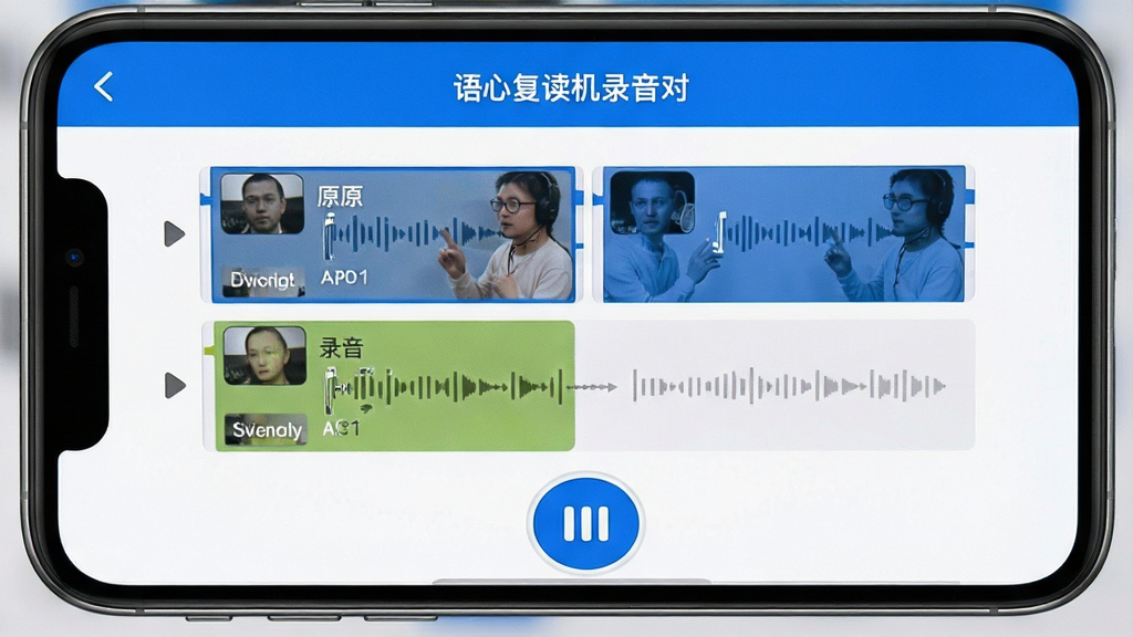 语心复读机 录音对比界面 原声和录音双轨道 播放按钮 手机竖屏 蓝色白色配色 高清