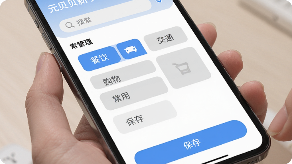 元贝贝新手设置引导界面,手机屏幕显示分类管理页面,用户正在勾选餐饮、交通、购物等常用分类标签,界面有蓝色选中状态和灰色未选中状态,顶部有搜索框,底部有保存按钮,风格清爽简洁,配色柔和,画质高清无噪点