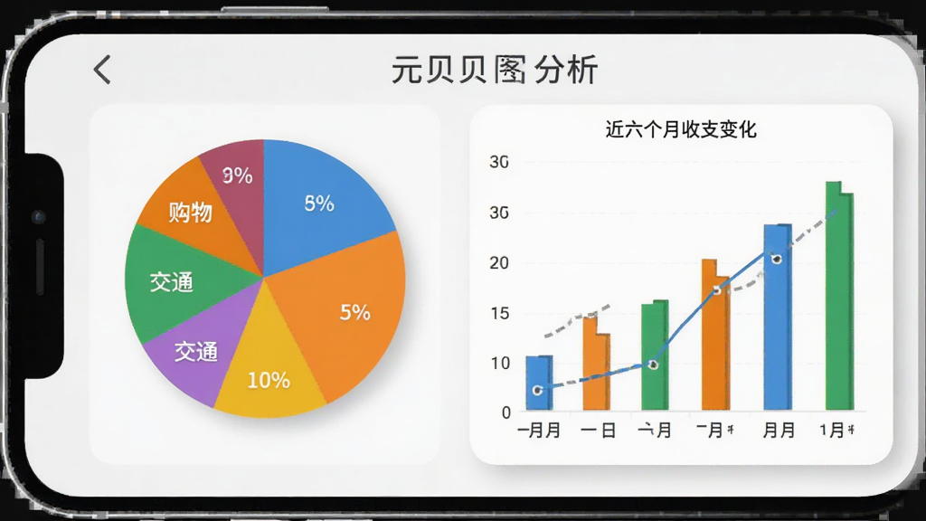 元贝贝智能图表分析页面,手机屏幕展示彩色饼图和柱状趋势图,饼图显示餐饮、交通、购物等分类占比,颜色鲜艳区分明显,柱状图展示近六个月收支变化,界面背景为浅灰色,图表带有轻微阴影和圆角设计,风格简洁专业,画质清晰,无多余装饰元素