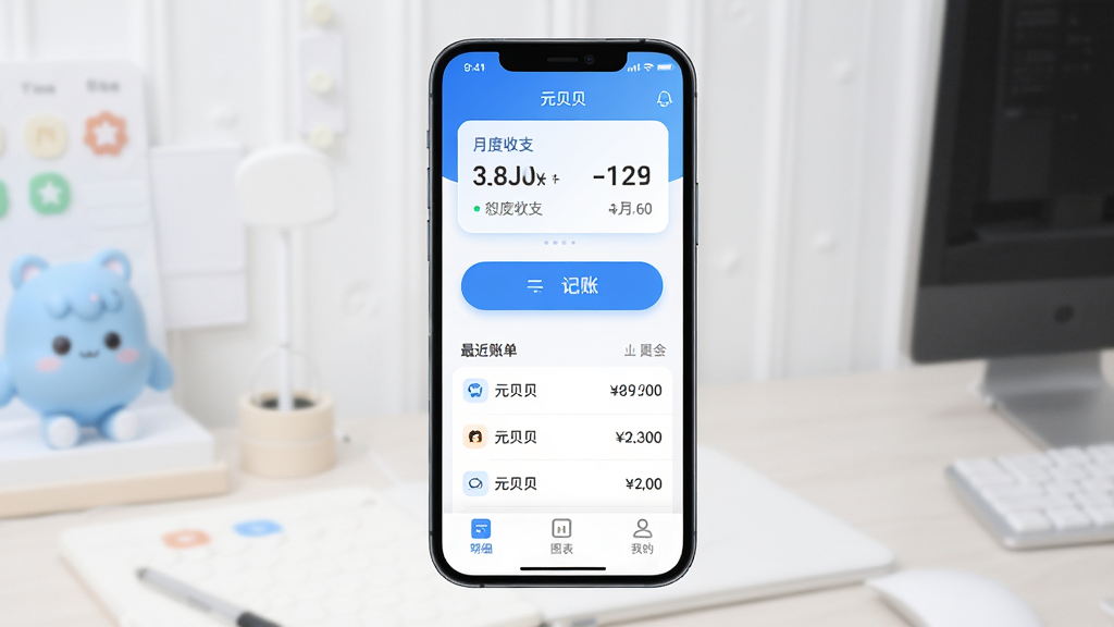 元贝贝应用主界面展示,手机屏幕中央显示元贝贝APP的记账首页,顶部有月度收支汇总卡片,中间是简洁的记账按钮和最近账单列表,底部导航栏有明细、图表、我的三个选项,整体采用蓝白渐变配色,风格清新现代,图标圆润可爱,背景干净无杂乱元素,画质高清,UI设计扁平化,文字清晰可读