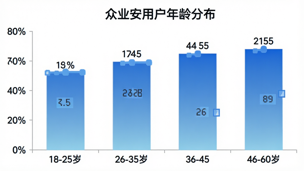 一张柱状图展示众业安用户年龄分布,横轴为年龄段18-25岁、26-35岁、36-45岁、46-60岁,纵轴为用户占比百分比,柱状图颜色为蓝色渐变,图表标题为“众业安用户年龄分布”,背景白色,数据标签清晰可见,扁平化图表风格,画质干净,无多余元素