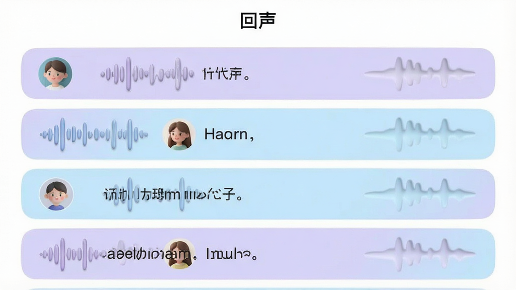 一张手机应用界面截图,界面顶部写着“回声”,下方是一条条带有语音波形图标的动态卡片,卡片背景是淡紫色和淡蓝色交替,每个卡片上都有用户头像和一句简短的心情文字,布局是垂直列表,风格清新治愈,细节上语音波形图有轻微的立体感,画质干净,无多余元素