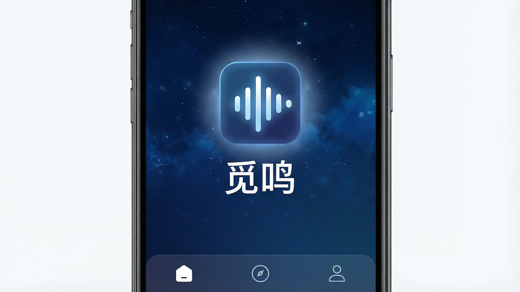一张展示手机屏幕的图片,屏幕中央显示一个名为“觅鸣”的App界面,界面背景是深蓝色渐变星空,中间有一个发光的声波图标,图标下方写着“觅鸣”两个白色中文字,界面底部有三个简洁的导航图标,整体布局为手机竖屏展示,风格是极简科技感,细节上声波有柔和的呼吸光晕,画质干净清晰,无多余元素