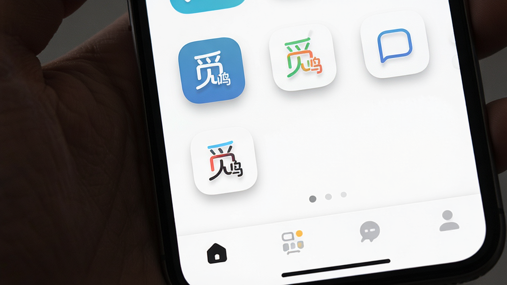 一张手机屏幕特写图片,屏幕显示“觅鸣”App的主页,页面干净只有几个功能图标和底部导航栏,没有广告横幅,背景是纯白色,图标是圆润的彩色线条风格,布局极简,风格现代扁平,细节上图标有淡淡的阴影,画质干净,无多余元素