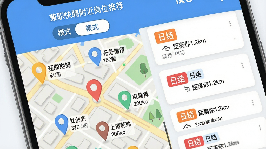 ��ְ��Ƹ������λ�Ƽ����棬�ֻ���Ļ��д����ʾ��ͼģʽ���б�ģʽ�л���ť����ͼ���ж����ɫ��λͼ����ÿ��ͼ���Ա�ע��ְ��λ���ƺ�ʱн���б���Ƭ��ʾ���սᡱ��������1.2km���ȱ�ǩ������Ϊ���нֵ���ʵ�ͼ����ƽ���廭���ɫ�����죬���ʸɾ����޶���Ԫ��