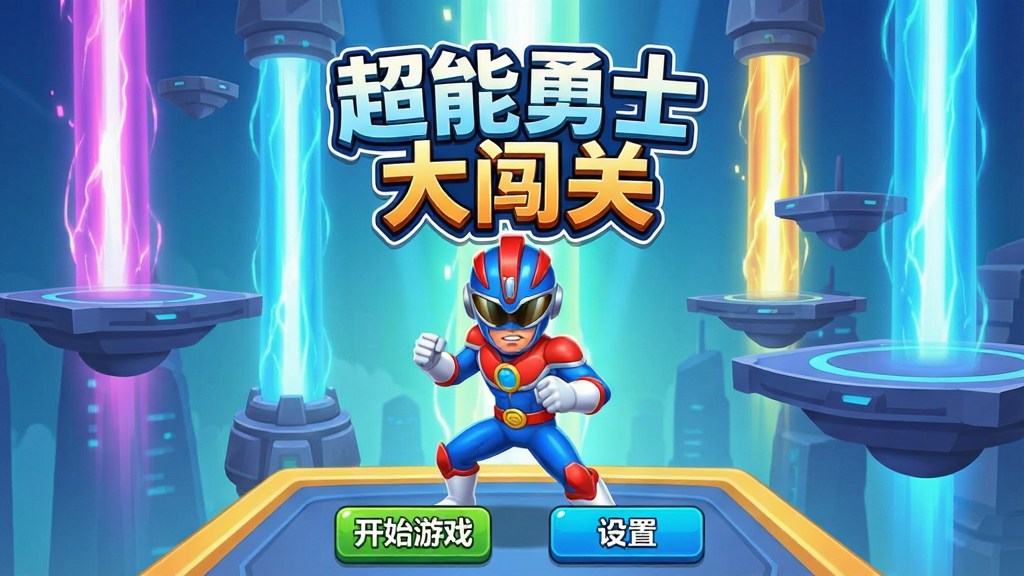 一张手机游戏主界面的图片,画面中央是“超能勇士大闯关”的游戏标题logo,标题下方站着一位身穿蓝红相间战衣的超能勇士角色,角色摆出准备战斗的姿势,背景是充满科技感的能量光柱和悬浮平台,界面底部有开始游戏和设置按钮,整体风格为卡通渲染,色彩鲜艳明亮,画质清晰干净,无多余元素