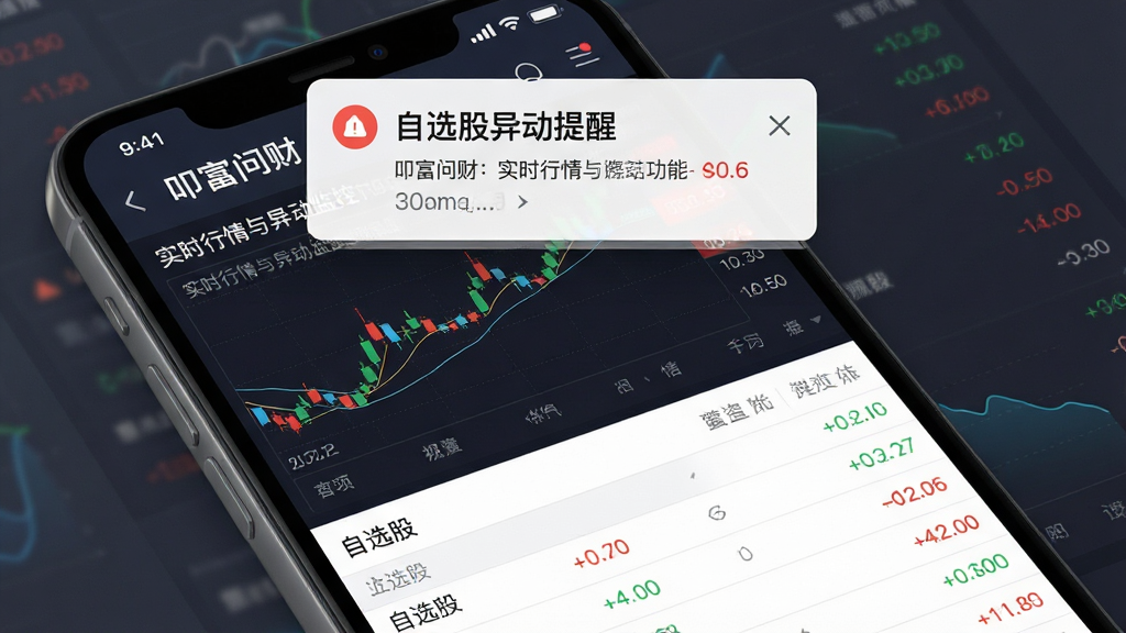 一张展示“叩富问财”软件实时行情与异动监控功能的界面图,主体是手机屏幕显示分时走势图和自选股列表,列表中有红色和绿色的涨跌幅数字,屏幕顶部有一个弹窗通知“自选股异动提醒”,布局清晰,风格是专业的财经数据可视化风格,细节上线条流畅、数据标注明确,画质干净无多余元素。