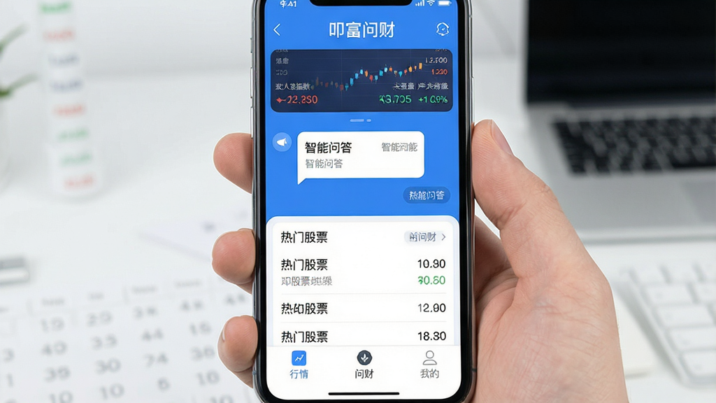 一张手机屏幕展示“叩富问财”软件主界面的图片,主体是一个现代感十足的金融理财App界面,布局清晰,顶部显示大盘指数,中间是智能问答对话框和热门股票列表,底部有行情、问财、我的三个选项卡,排版简洁明了,风格是科技蓝与白色搭配的扁平化设计,细节上图标圆润、字体清晰,画质干净无多余元素。