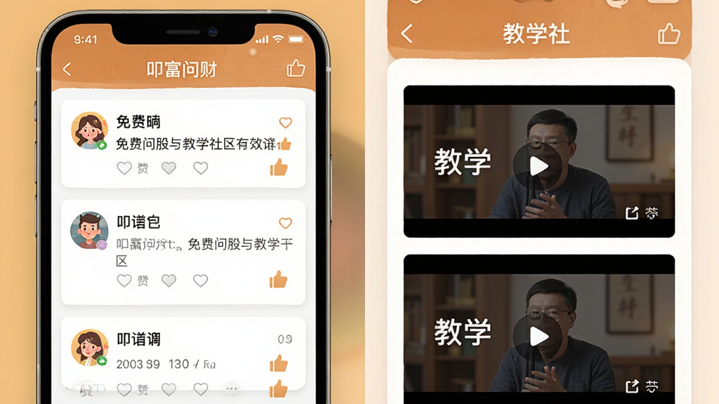 一张展示“叩富问财”软件内免费问股与教学社区的界面图,主体是手机屏幕显示问答帖子列表和教学视频封面,排版是双列信息流卡片式设计,风格是温暖舒适的社区交流风格,细节上用户头像生动、点赞图标精致,画质干净无多余元素。