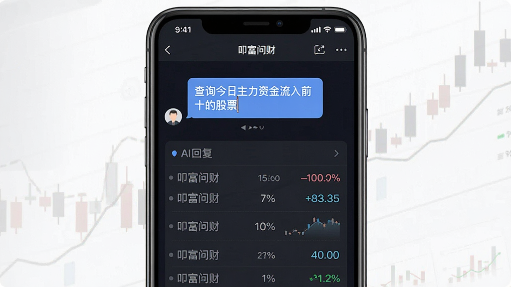 一张展示“叩富问财”软件内AI智能问答功能的界面截图,主体是一个手机屏幕,屏幕中央是一个对话气泡,用户正在输入“查询今日主力资金流入前十的股票”,下方是AI回复的清晰列表,排版简洁,风格是深色模式下的金融科技感,细节上文字清晰、数据图表精致,画质干净无多余元素。