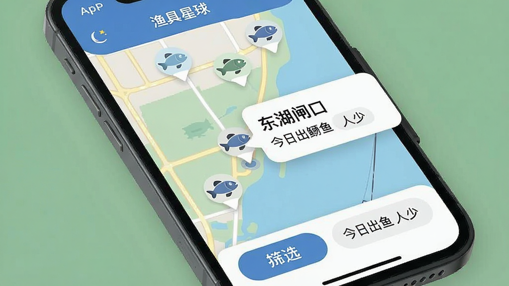 一个手机屏幕显示“渔具星球”APP的钓点地图界面,地图上有多个带有鱼形图标的定位点,点击一个定位点弹出信息卡片,卡片上写着“东湖闸口 今日出鲫鱼 人少”,屏幕下方有筛选按钮,布局清晰,风格为现代扁平化UI设计,细节上图标圆润,画质干净无多余元素。