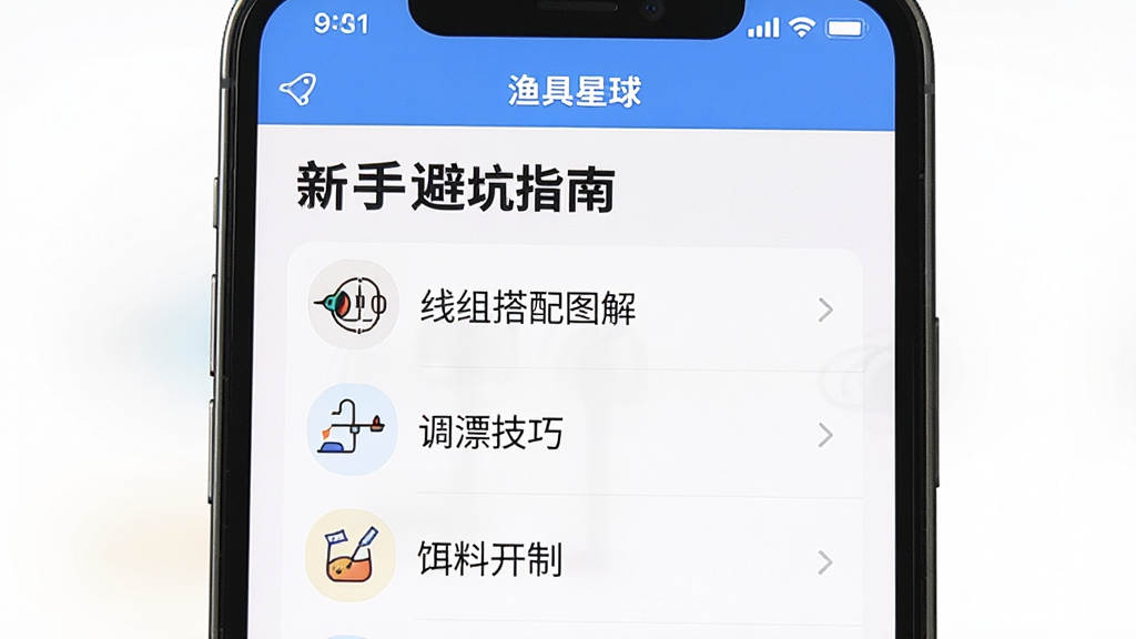 一张手机屏幕截图,展示“渔具星球”APP的“新手学堂”板块,页面顶部有“新手避坑指南”标题,下方列表有“线组搭配图解”、“调漂技巧”、“饵料开制”等条目,每个条目配有简单的图标,布局采用列表式排版,风格为教育类APP常见的清爽设计,细节上字体清晰,画质干净。