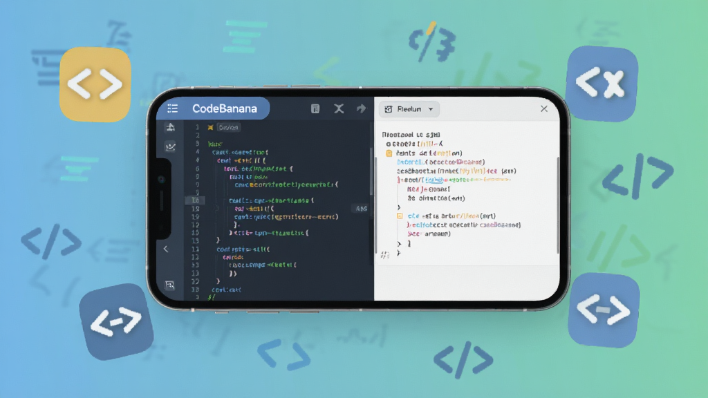 һ��չʾCodeBanana��������ȫò��ͼƬ������������һ���ֻ����ֻ���Ļ����ʾ��CodeBanana�ı��ѧϰ���棬����Ǵ���༭�����Ҳ������н��Ԥ������������͵�����ɫ���䣬��Χɢ���ż�����̷���ͼ�꣬�������ִ���ƽ��ϸ��Բ�󣬻��ʸɾ����޶���Ԫ��