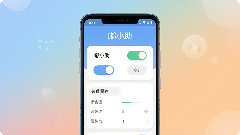 一张展示“嘟小助”手机应用主界面的图片,画面中央是一部安卓手机,手机屏幕上显示“嘟小助”APP的首页,界面顶部有“嘟小助”文字标识,中间是功能开关和参数设置区域,布局简洁清晰,背景是柔和渐变色调,风格现代扁平化,细节圆润,画质干净,无多余元素。